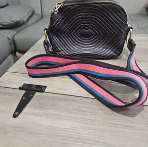 Fossil Black Quilted Crossbody Bag with Colorful Strap